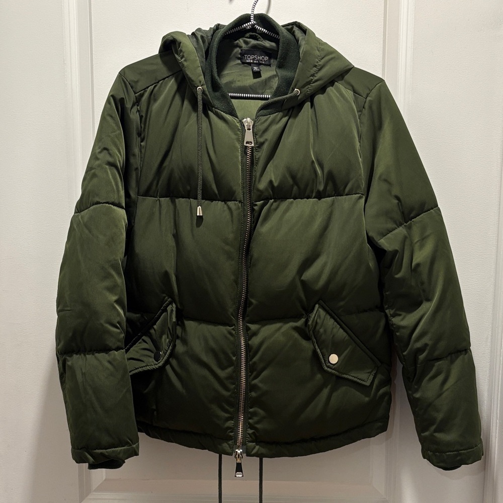 Topshop Men's Olive Hooded Puffer Jacket